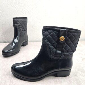 Tommy Hilfiger Rain Boots Black Quilted Outdoor Rubber Winter Ankle Booties Sz 8